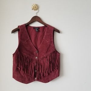 Forever 21 Maroon Western Leather Vest With Fringe
